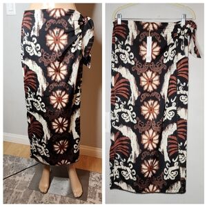 NWT House Of Harlow Silver Bead Trim Faux Wrap Satin Maxi Skirt Brown Black M